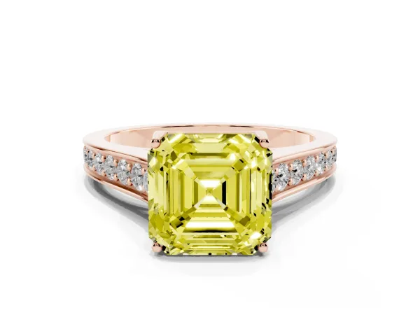 Fancy Yellow Asscher Cut Brilliant Cut Diamond Engagement Ring with Pavé Band and Four-Prong Setting Rose gold