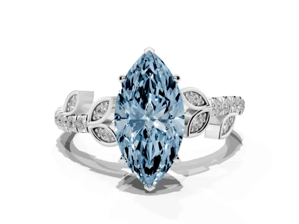 Fancy Blue Marquise Cut Solitaire Leaf-Inspired Diamond Ring with Pavé Band and Four-Prong Setting Platinum