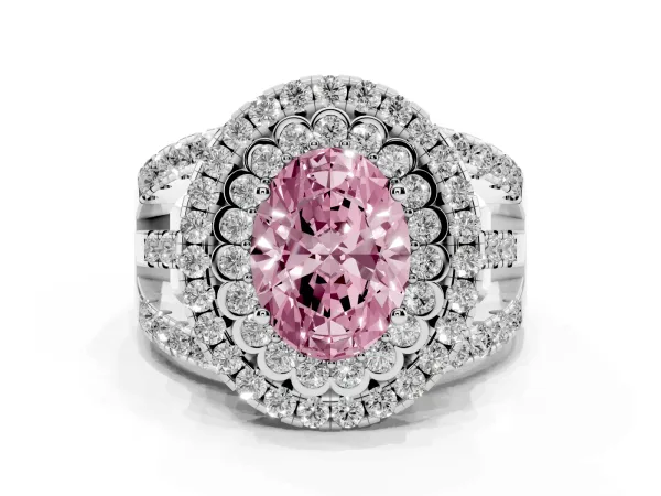 Fancy Pink Oval Cut Diamond Double Halo Ring with Round Pavé Split Shank and Prong Setting Platinum