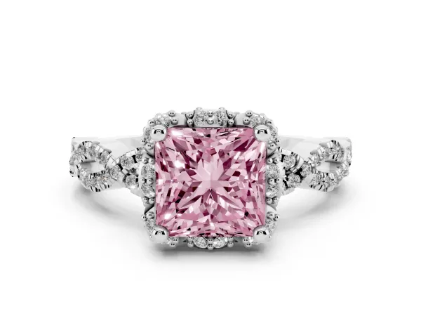 Fancy Pink Princess Cut Halo Twist Band Solitaire Ring with Six-Prong Setting Platinum
