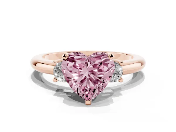 Fancy Pink Three-Stone Heart Cut Cut Diamond Solitaire with Prong Setting and Classic Band Rose gold