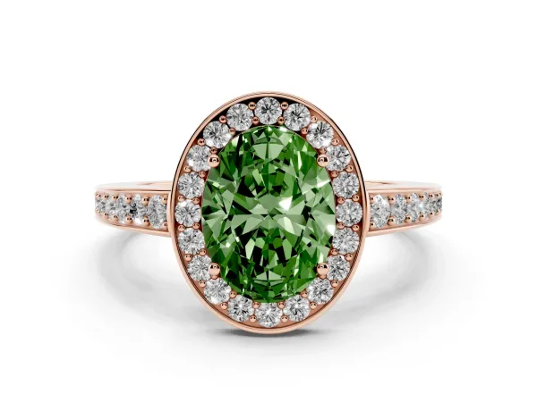 Fancy Green Oval Cut Halo Pavé Diamond Engagement Ring with Bezel Setting Rose gold