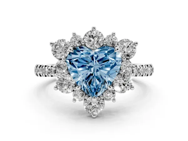 Fancy Blue Heart Cut Diamond Floral Halo Ring with Round Pavé Band and Prong Setting White gold