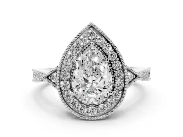 Pear Cut Halo Round Diamond Milgrain Pave Engagement Ring Platinum