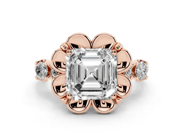 Asscher Cut Cut Diamond Floral Halo Engagement Ring with Shared Prong Setting Rose gold