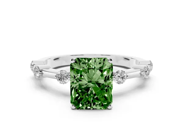 Fancy Green Radiant Cut Solitaire Diamond Ring with Bezel Set Side Stones and Prong Setting White gold