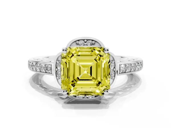 Fancy Yellow Asscher Cut Cut Halo Diamond Ring with Channel Set Band and Four-Prong Setting Platinum