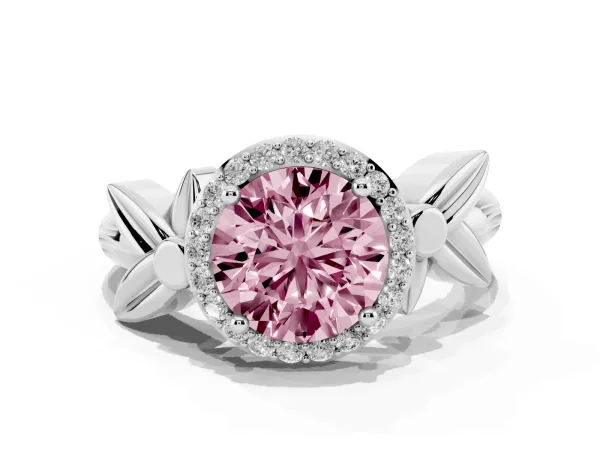 Fancy Pink Round Cut Halo Diamond Floral Band with Four-Prong Setting Platinum