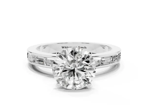 Round Cut Solitaire Diamond Ring with Channel-Set Baguette Band and Four-Prong Setting White gold