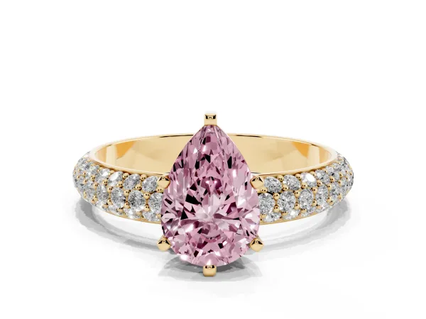 Fancy Pink Pear Cut Diamond Solitaire Ring with Prong Setting and Pavé Band Yellow gold