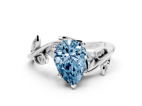 Fancy Blue Pear Cut Solitaire Twist Engagement Ring with Leaf Accents and Prong Setting Platinum