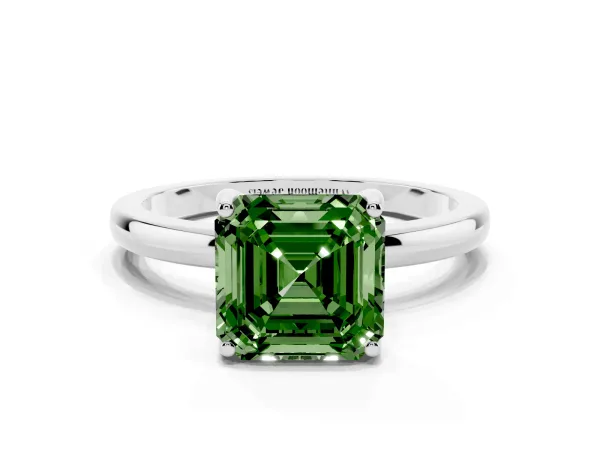 Fancy Green Asscher Cut Solitaire Diamond Ring with Prong Setting and Plain Band Platinum