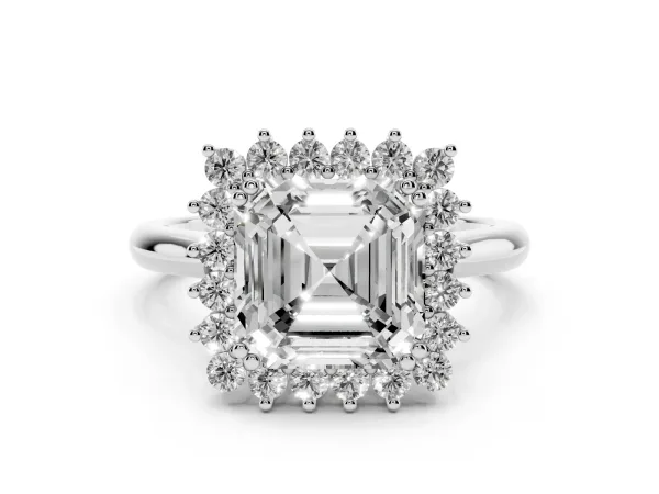 Asscher Cut Cut Diamond Halo Ring with Solitaire Band and Prong Setting Platinum