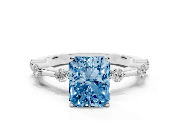 Fancy Blue Radiant Cut Solitaire Diamond Ring with Bezel Set Side Stones and Prong Setting Platinum