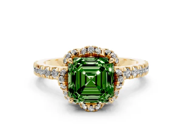 Fancy Green Asscher Cut Halo Diamond Pave Band Ring with Four-Prong Setting Yellow gold