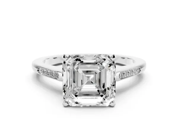 Asscher Cut Diamond Solitaire Ring with Channel Set Round Band and Prong Setting Platinum