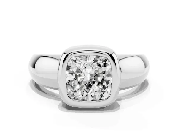 Bezel Set Cushion Cut Solitaire Ring with Wide Band Platinum