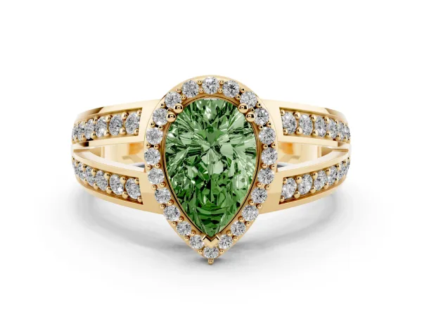 Fancy Green Pear Cut Diamond Halo Ring with Split Shank Pavé Band and Four-Prong Setting Yellow gold