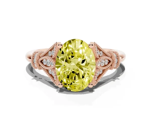 Fancy Yellow Oval Cut Diamond Solitaire Ring with Floral Filigree and Pave Accents Rose gold