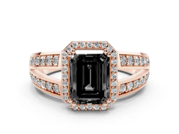 Fancy Black Emerald Cut Diamond Halo Ring with Split Shank Pavé Band and Four-Prong Setting Rose gold