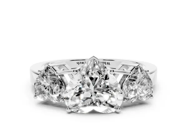 Three-Stone Heart Cut Cut Diamond Engagement Ring with Flat Band and Four-Prong Setting Platinum