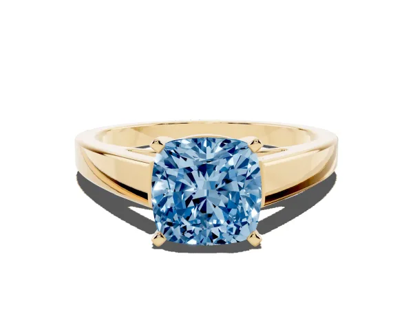 Fancy Blue Cushion Cut Solitaire Engagement Ring with Four-Prong Setting and Tapered Band Yellow gold