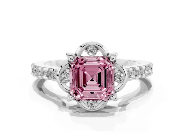 Fancy Pink Asscher Cut Diamond Ring with Pavé Band and Floral Prong Setting White gold