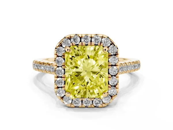 Fancy Yellow Radiant Cut Diamond Cushion Halo Ring with Pavé Band Yellow gold