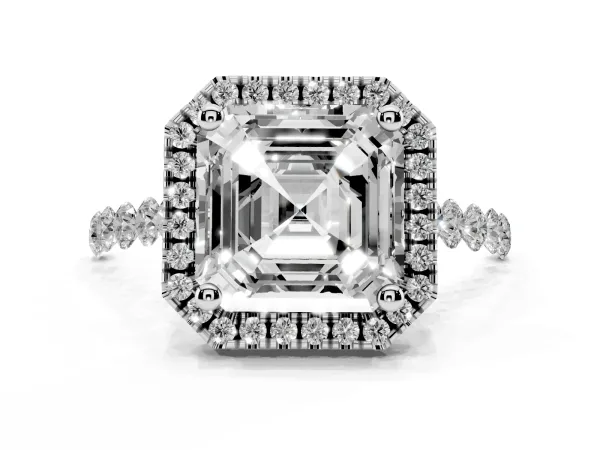 Asscher Cut Halo Pavé Diamond Engagement Ring with Four-Prong Setting Platinum