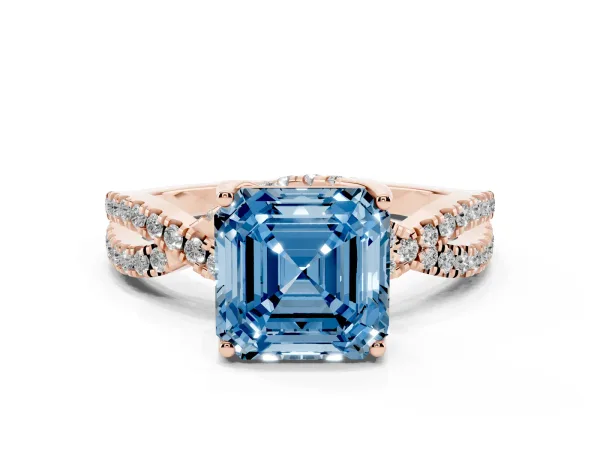 Fancy Blue Asscher Cut Solitaire Twist Pave Diamond Engagement Ring with Prong Setting Rose gold
