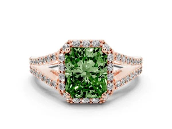 Fancy Green Radiant Cut Halo Split Shank Diamond Ring with Prong Setting Rose gold