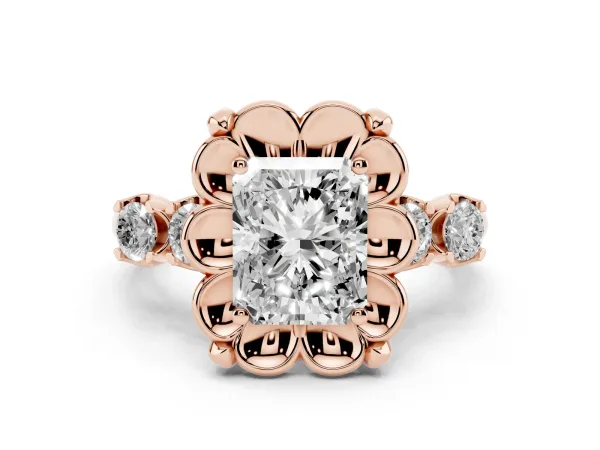 Radiant Cut Cut Diamond Floral Halo Engagement Ring with Shared Prong Setting Rose gold
