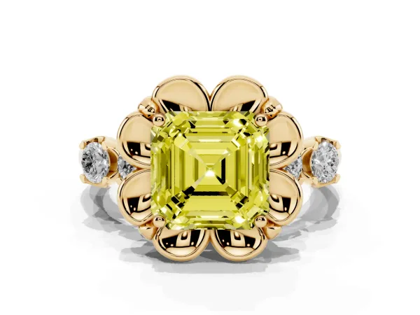 Fancy Yellow Asscher Cut Cut Diamond Floral Halo Engagement Ring with Shared Prong Setting Yellow gold