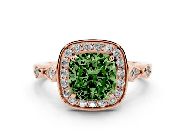 Fancy Green Cushion Cut Halo Diamond Engagement Ring with Twisted Band and Four-Prong Setting Rose gold