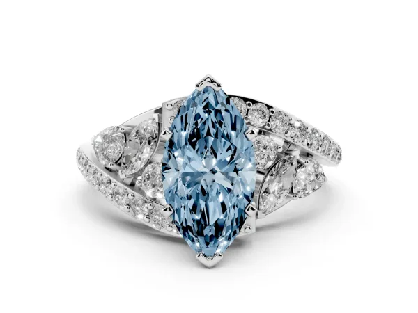 Fancy Blue Marquise Cut Diamond Halo Ring with Marquise and Pavé Band in Prong Setting White gold