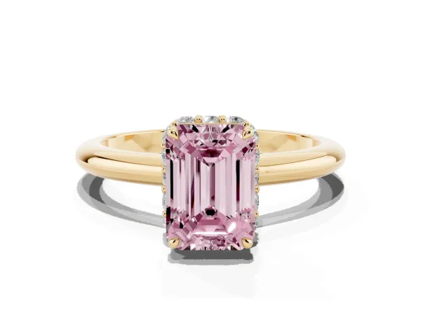 Fancy Pink Emerald Cut Brilliant Solitaire Engagement Ring with Six-Prong Setting and Classic Band Yellow gold