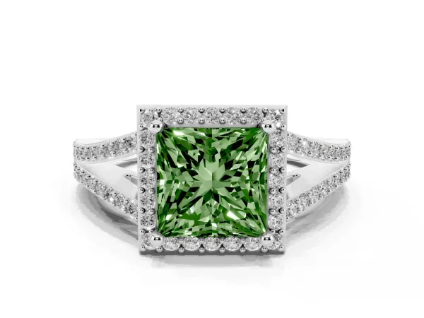 Fancy Green Princess Cut Halo Split Shank Diamond Ring with Prong Setting Platinum