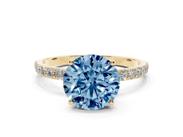 Fancy Blue Round Cut Diamond Solitaire Engagement Ring with Round Pavé Band and Prong Setting Yellow gold