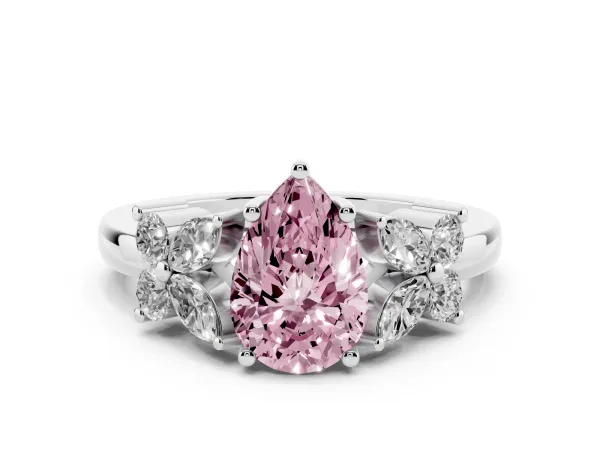 Fancy Pink Pear Cut Diamond Floral Cluster Ring with Solitaire Band and Prong Setting White gold