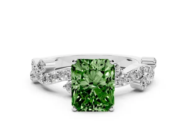 Fancy Green Radiant Cut Cut Solitaire Diamond Twisted Band with Pave Setting White gold