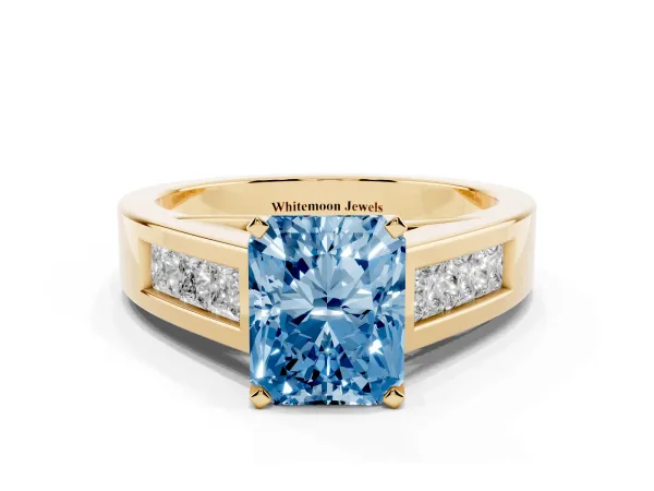 Fancy Blue Radiant Cut Cut Channel Set Solitaire Ring with Four-Prong Setting Yellow gold