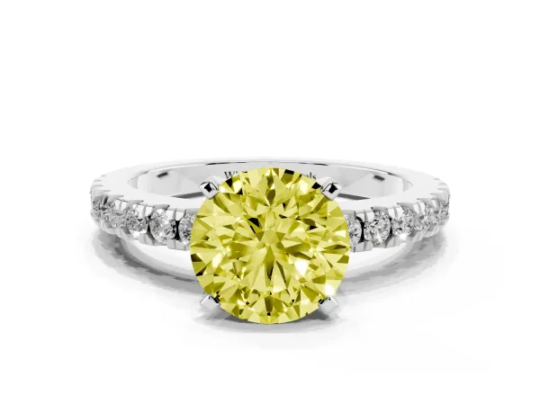 Fancy Yellow Round Cut Solitaire Diamond with Pavé Band and Four-Prong Setting Platinum