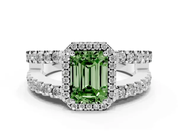 Fancy Green Emerald Cut Cut Halo Split Shank Diamond Ring with Four-Prong Setting Platinum