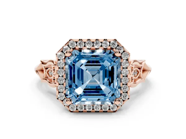 Fancy Blue Asscher Cut Halo Diamond Engagement Ring with Filigree Band and Four-Prong Setting Rose gold