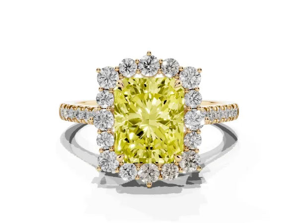 Fancy Yellow Radiant Cut Halo Diamond Ring with Pavé Band and Prong Setting Yellow gold