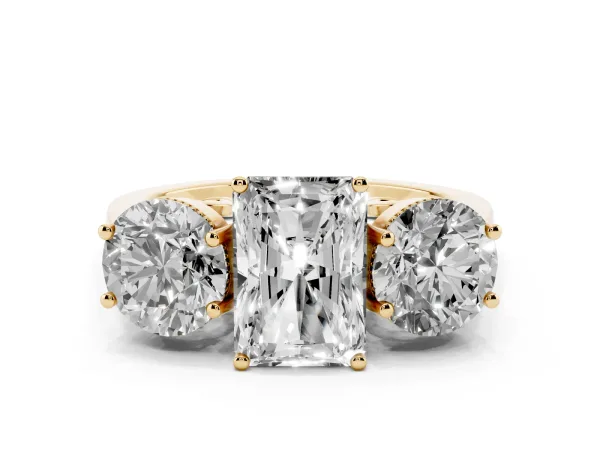 Three-Stone Radiant Cut Diamond Engagement Ring with Prong Setting on a Classic Band Yellow gold