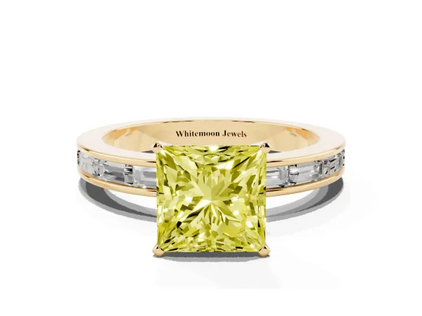 Fancy Yellow Princess Cut Solitaire Diamond Ring with Channel-Set Baguette Band and Four-Prong Setting Yellow gold