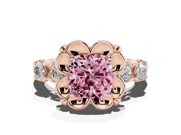 Fancy Pink Cushion Cut Cut Diamond Floral Halo Engagement Ring with Shared Prong Setting Rose gold