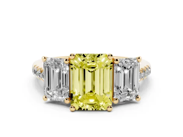 Fancy Yellow Three-Stone Emerald Cut Diamond Ring with Round Pavé Band and Prong Setting Yellow gold