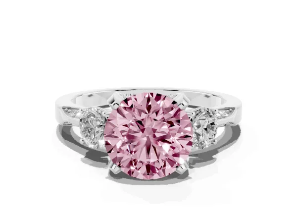 Fancy Pink Round Cut Brilliant Three-Stone Diamond Ring with Pavé Band and Four-Prong Setting White gold